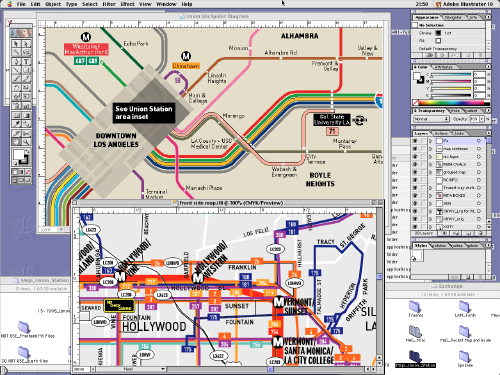 screenshot of circa 2003 LA Metro transit maps being edited in Freehand and Illustrator on Mac OS 9