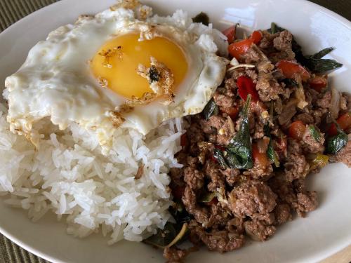 Khao Pat Krapharo with fried egg
