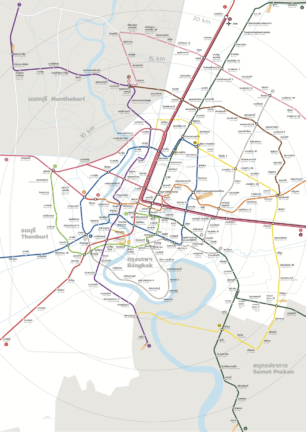 map showing physical location of routes, stations, and depots within a 15-20 km radius from Siam Station